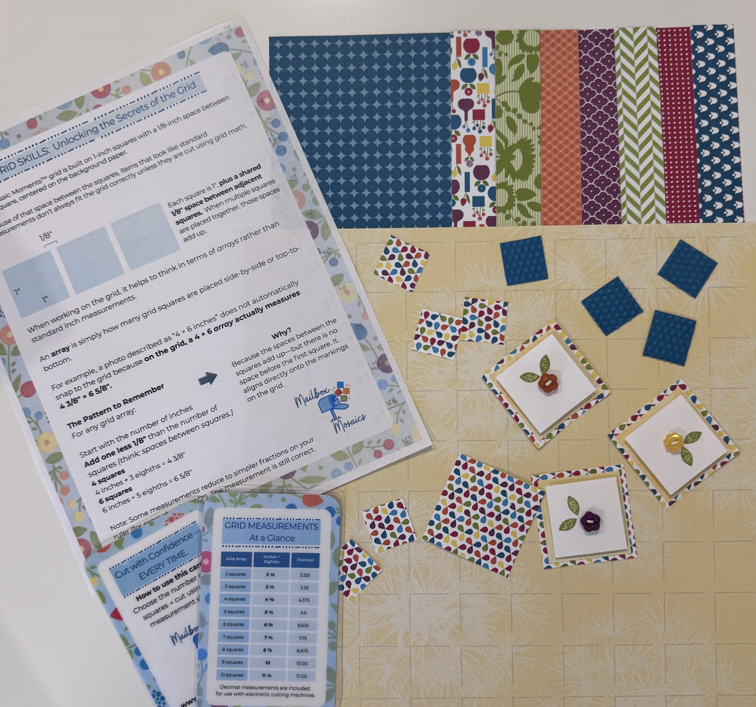 Beginner class materials arranged on grid paper