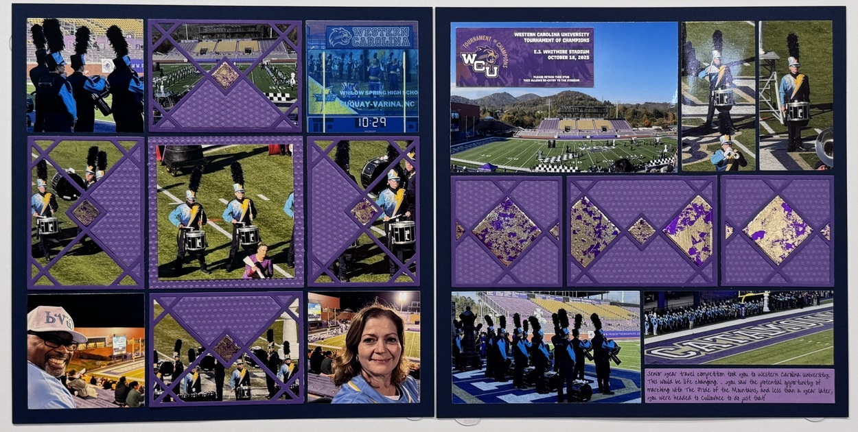 FDB29DBD-7654-4CEE-A2A0-0E21EDF9205A_1_105_c Two-page Glasgow scrapbook layout featuring Western Carolina University marching band photos